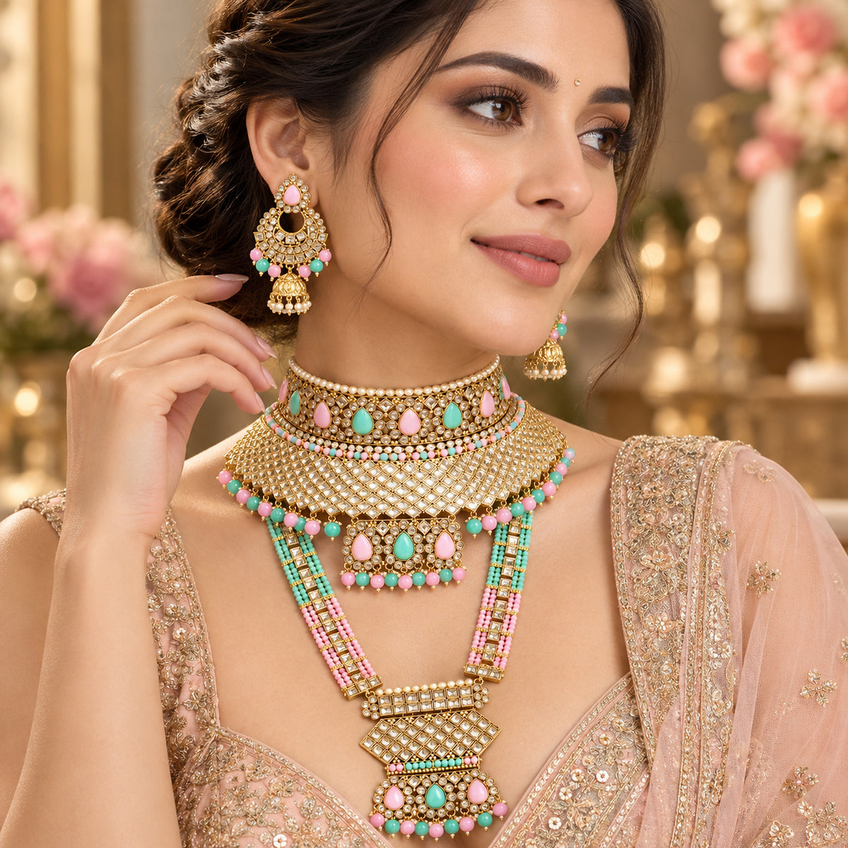Model wearing the pink and mint green teardrop choker, long haar and jhumka earrings
