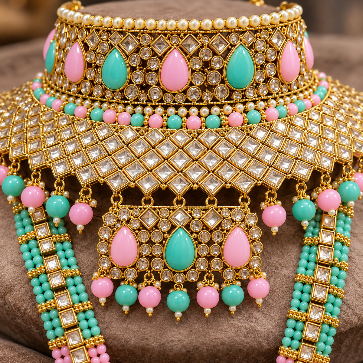 Close-up of pink and mint green teardrops, clear lattice stonework and bead drops