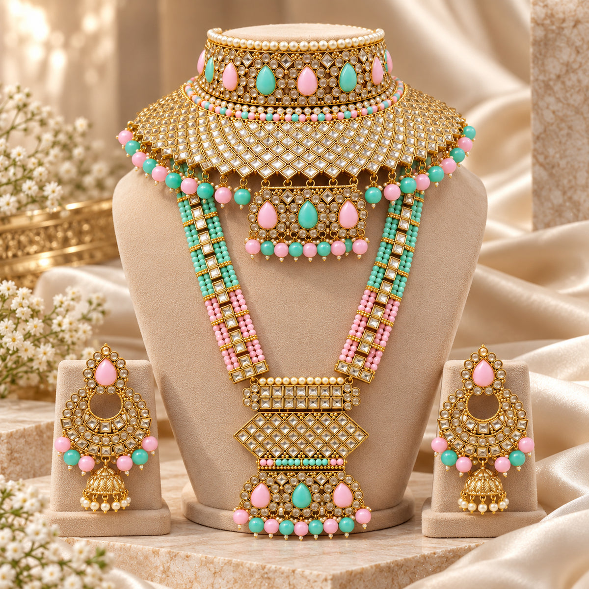 Pink and mint green bridal jewellery set on a beige bust beside draped fabric and flowers