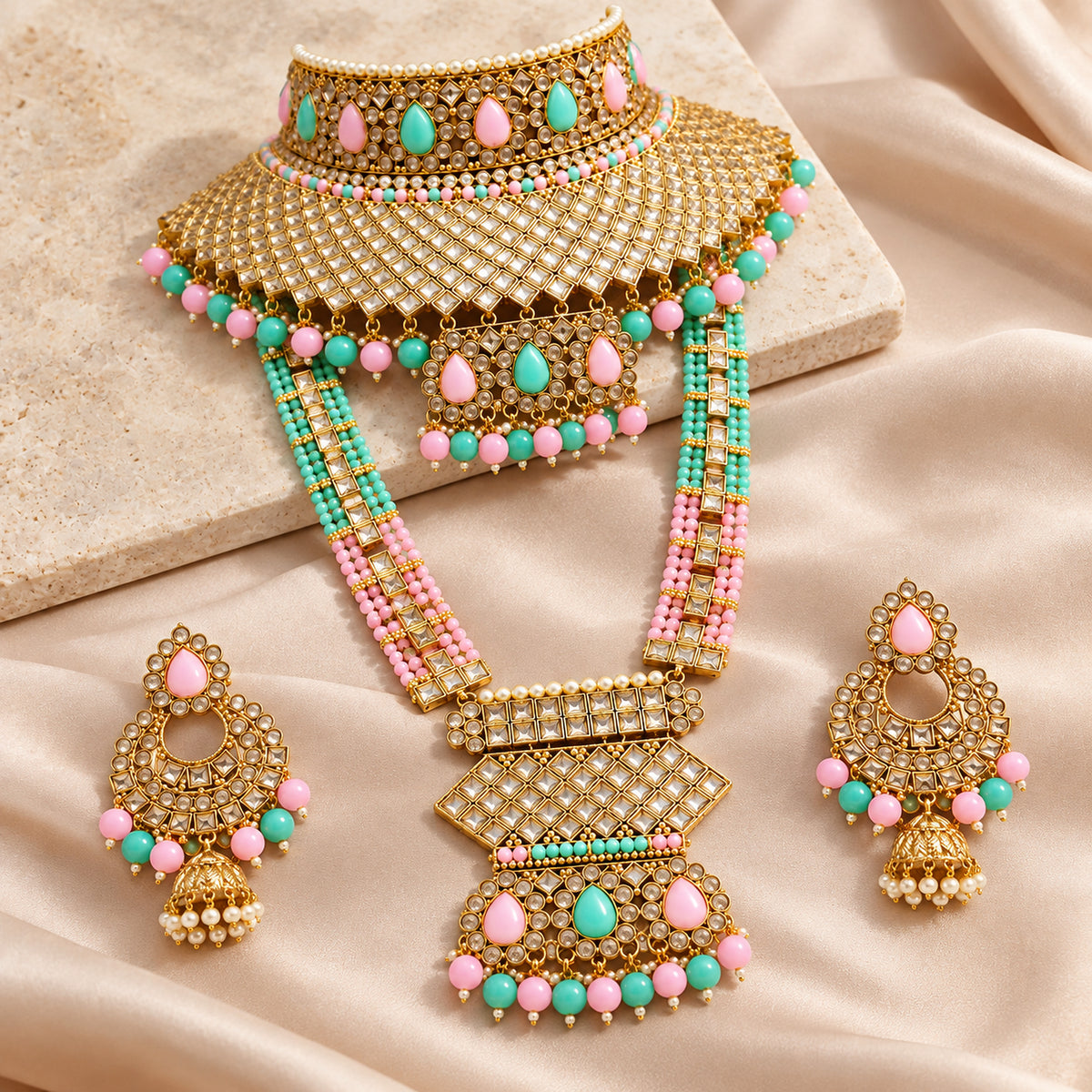 Alternate bust view of the pastel lattice choker, geometric-pendant long haar and earrings