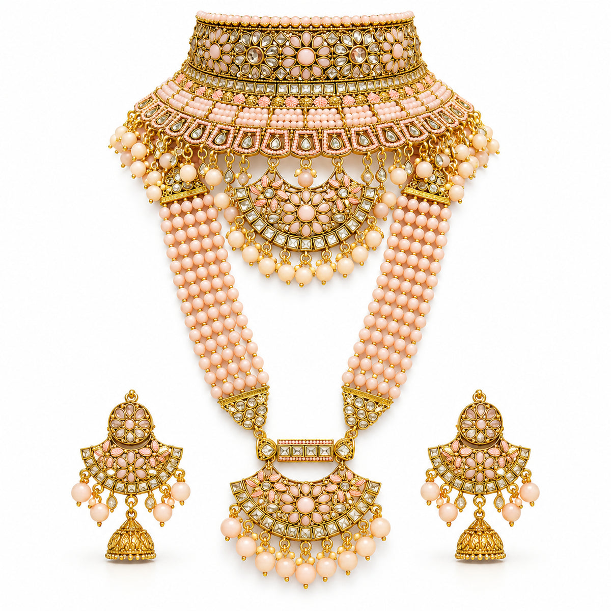Peach pink floral crescent choker, multi-strand long haar and jhumka earrings on white