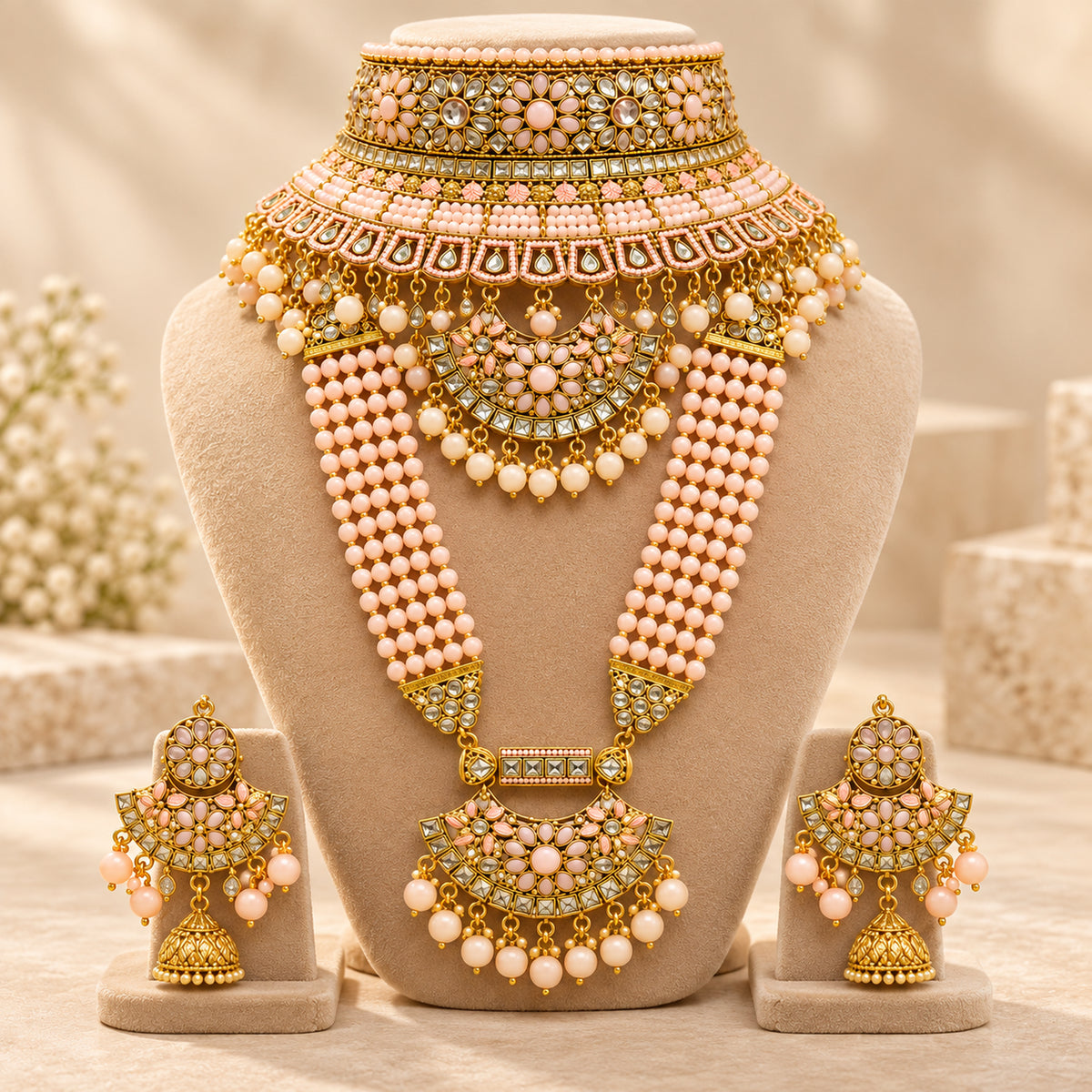 Peach pink floral bridal set with beaded long haar displayed on a beige bust