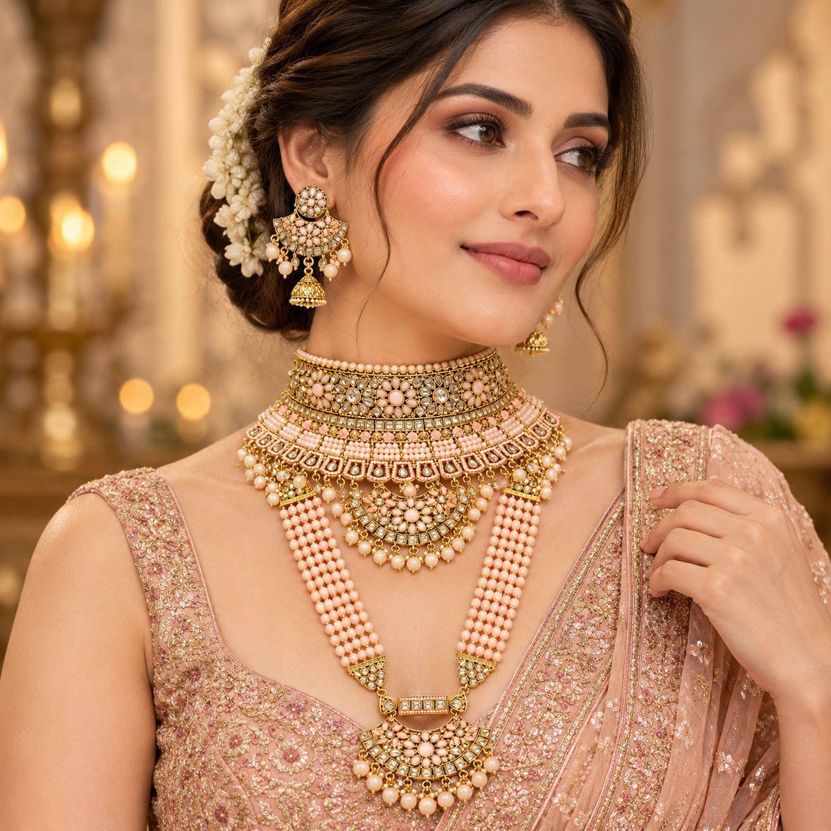 Model wearing the peach pink floral crescent choker, beaded haar and jhumka earrings