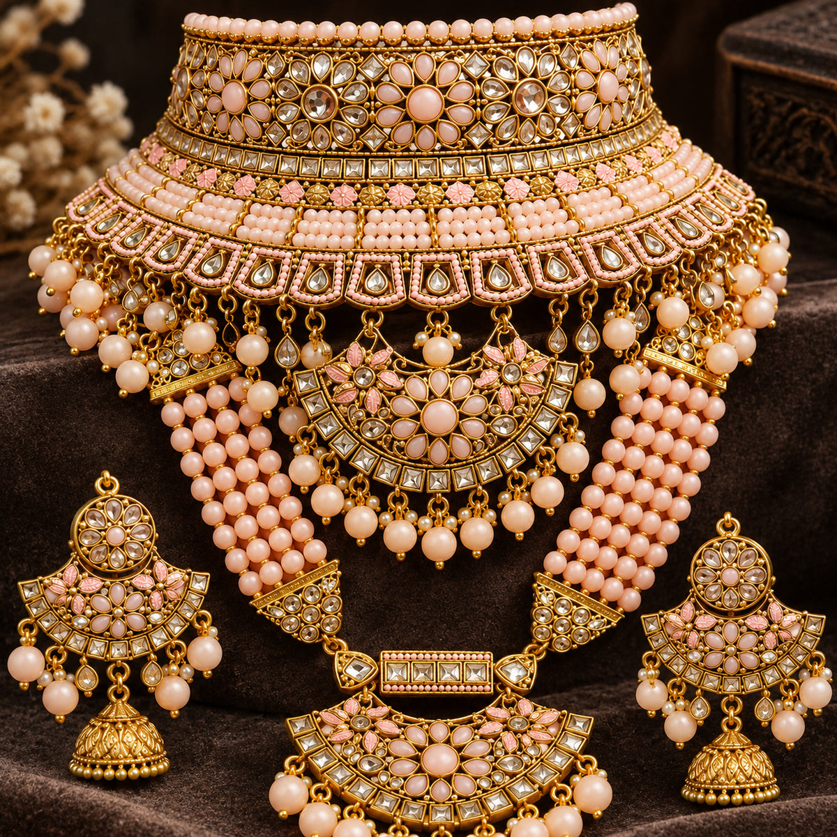Close-up of peach pink floral stonework, crescent ornament and hanging choker beads