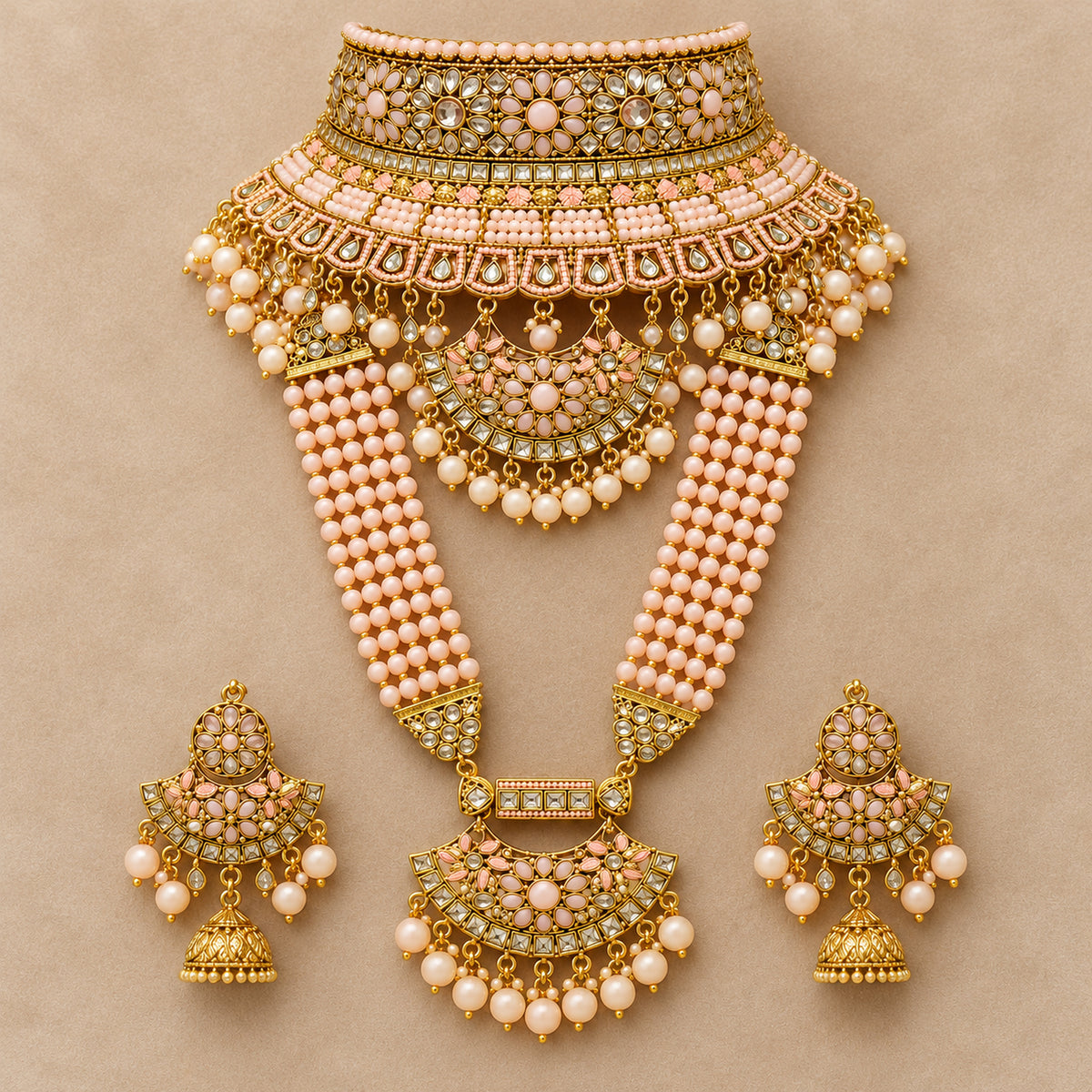 Alternate bust view of the peach pink floral choker, beaded long haar and earrings
