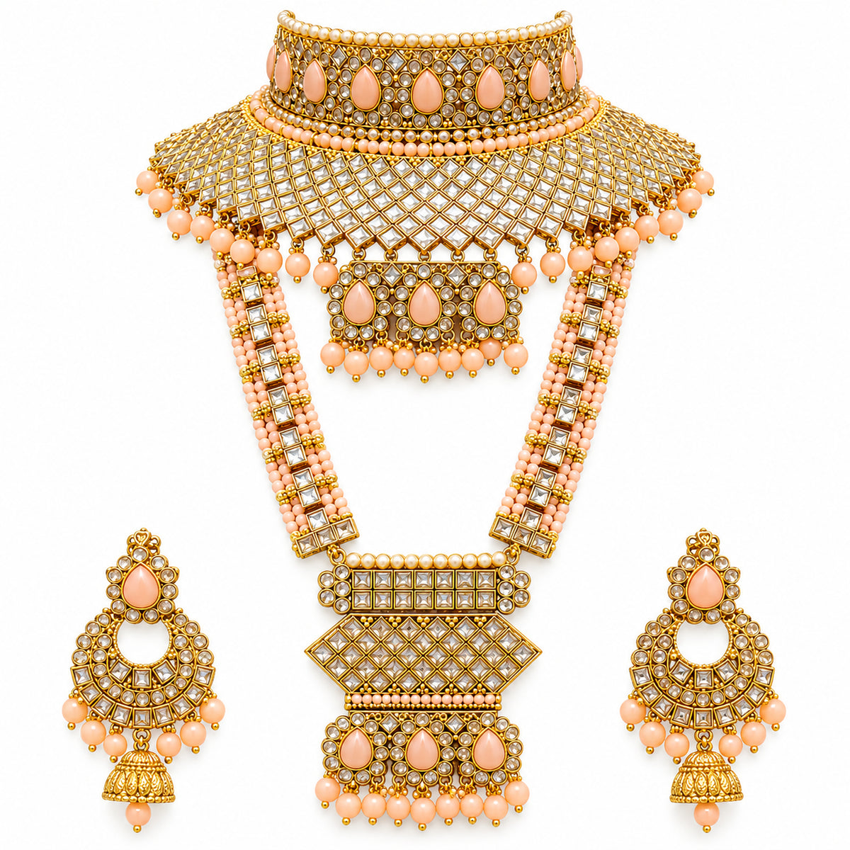 Peach Teardrop Lattice Kundan-Style Bridal Jewellery Set with Choker, Long Haar & Jhumkas