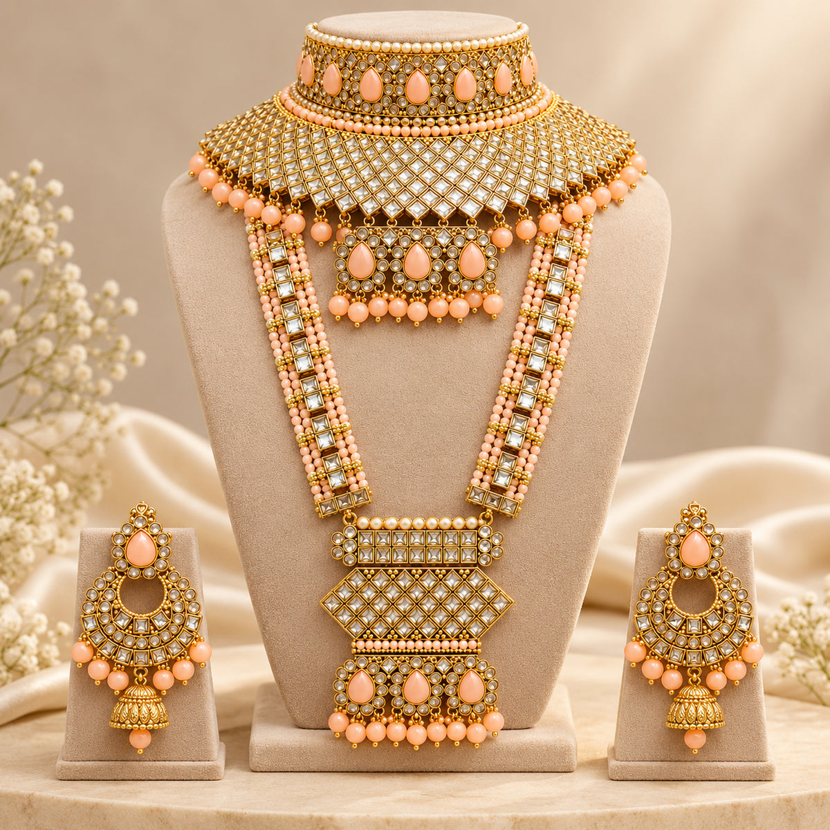 Peach teardrop lattice bridal set displayed on a beige bust with matching earrings