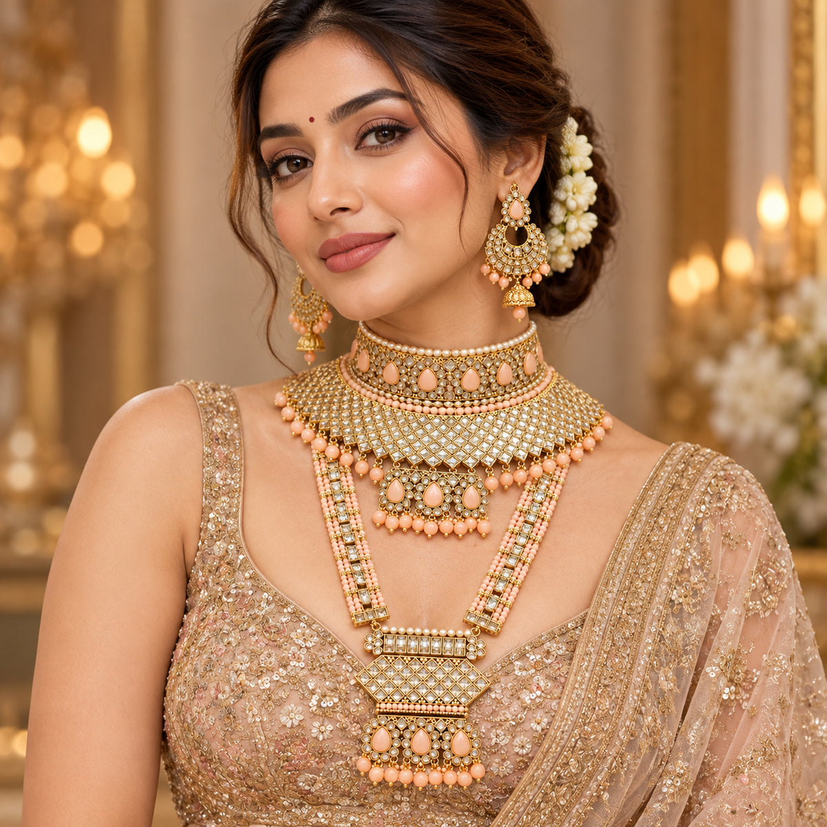 Model wearing the peach teardrop choker, geometric-pendant long haar and jhumka earrings