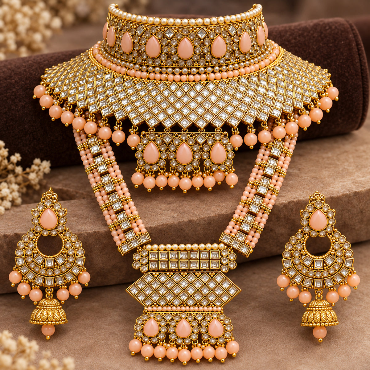 Close-up of peach teardrops, clear lattice stonework and hanging peach choker beads