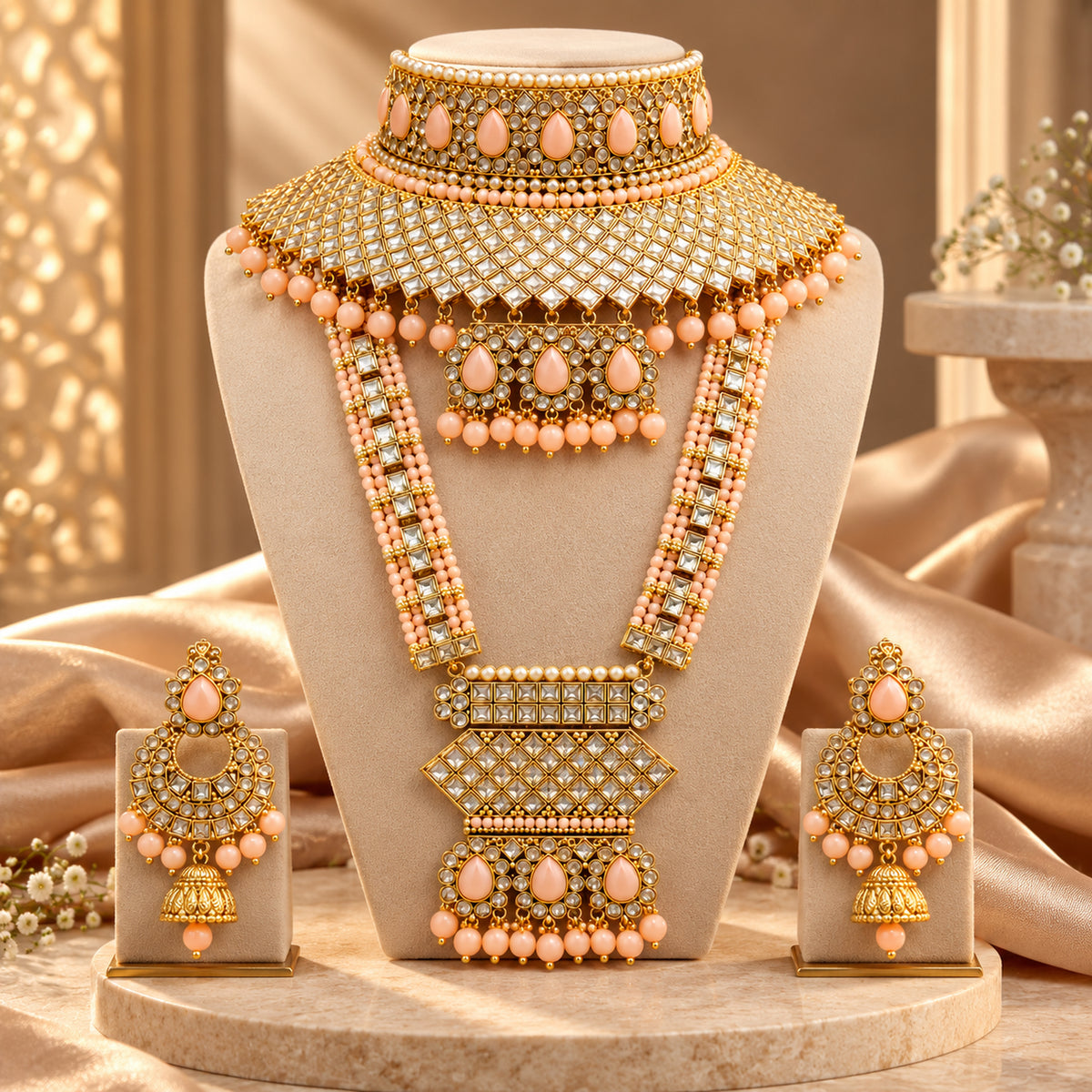Peach lattice bridal jewellery set on a beige bust beside draped fabric and flowers