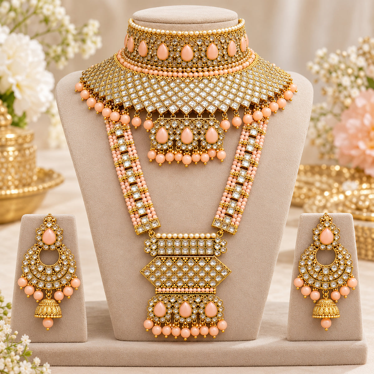 Alternate bust view of the peach lattice choker, geometric-pendant haar and jhumkas