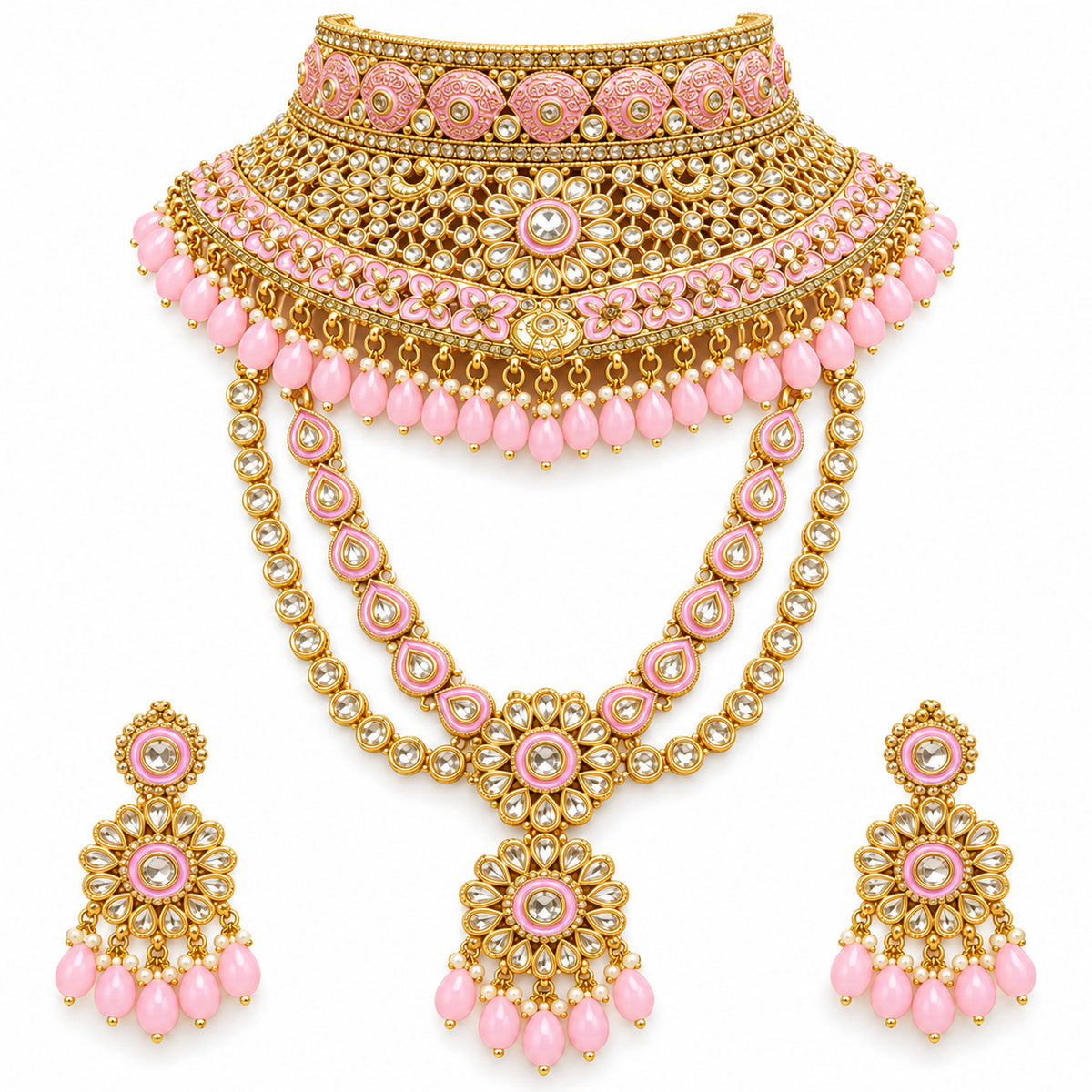 Pastel pink floral Kundan-style bridal jewellery set with choker, layered haar and drop earrings on white