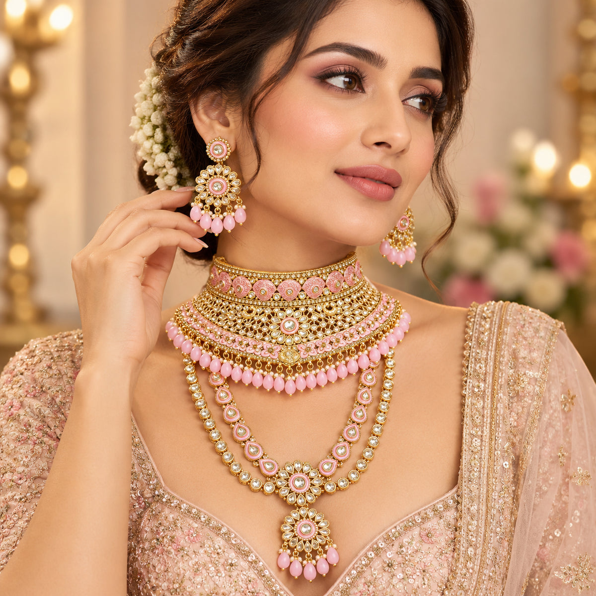 Model in a blush lehenga wearing the pink floral choker, layered haar and drop earrings