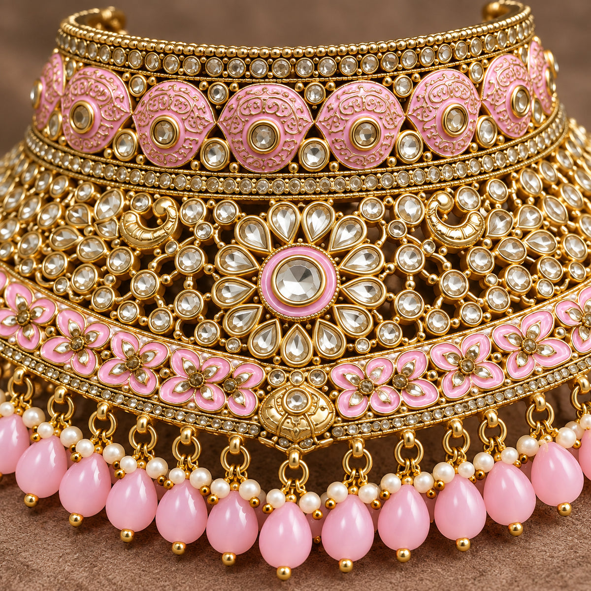 Close-up of round pink motifs, a clear stone flower and the pink teardrop fringe on the choker