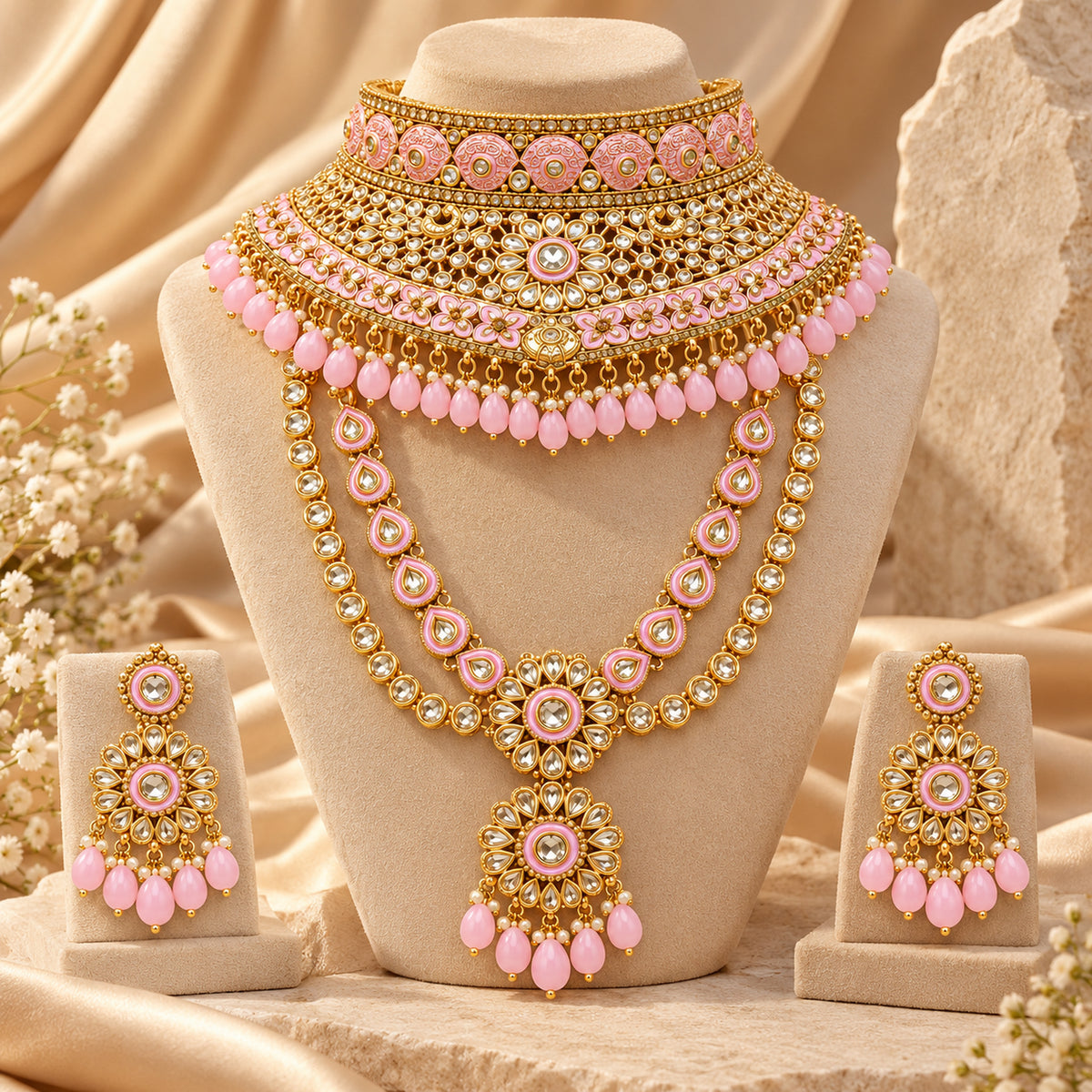 Pink floral set displayed on a beige bust with draped fabric