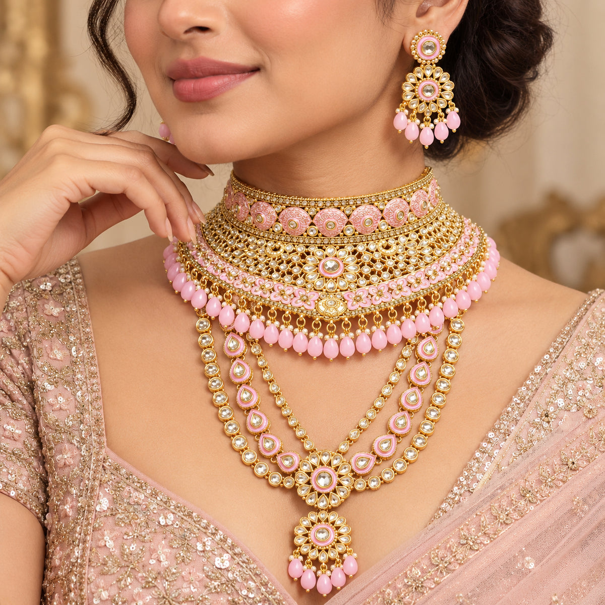 Closer view of a model wearing the pink choker, layered haar and drop earrings