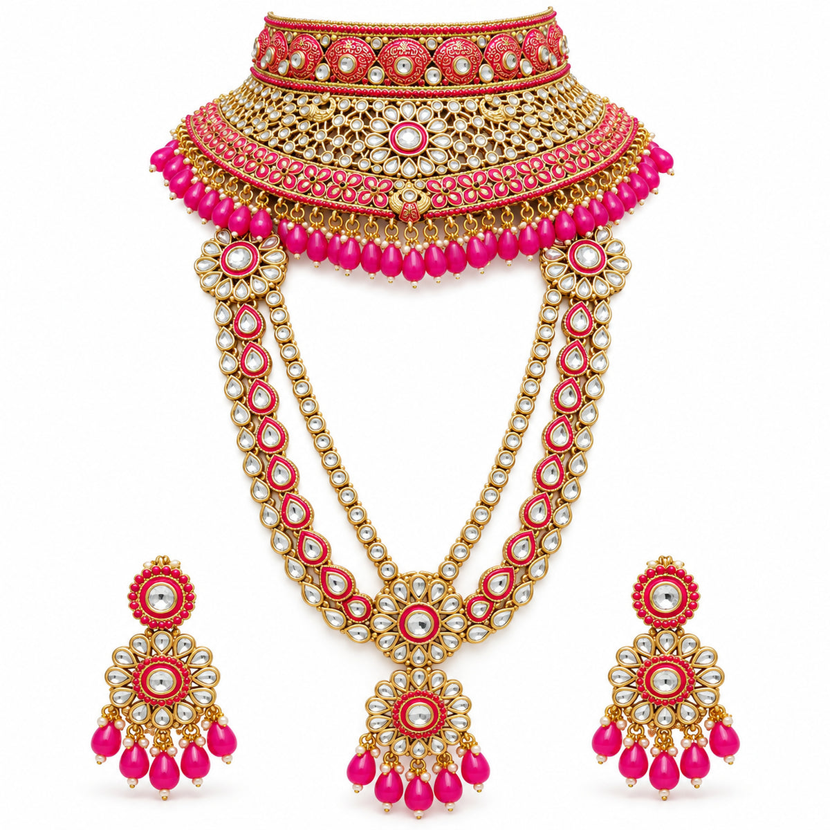 Rani pink Kundan-style bridal set with lattice choker, long haar and drop earrings on white