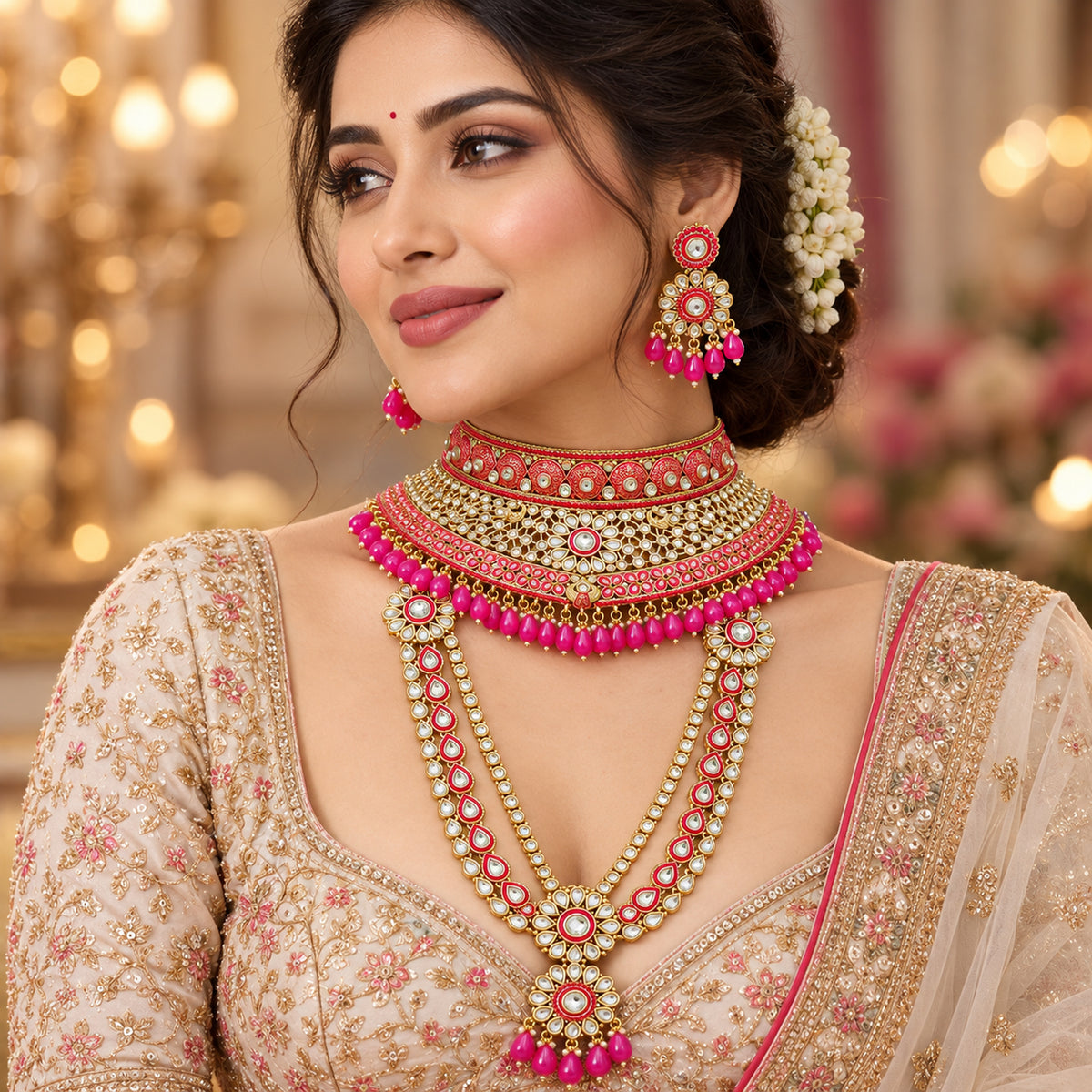 Woman wearing the rani pink bridal choker, long haar and matching earrings