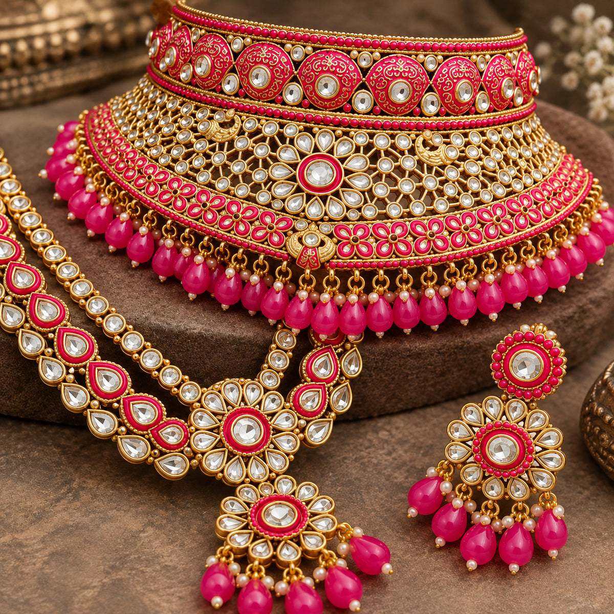 Close-up of pink choker edging, white stone lattice and matching necklace details