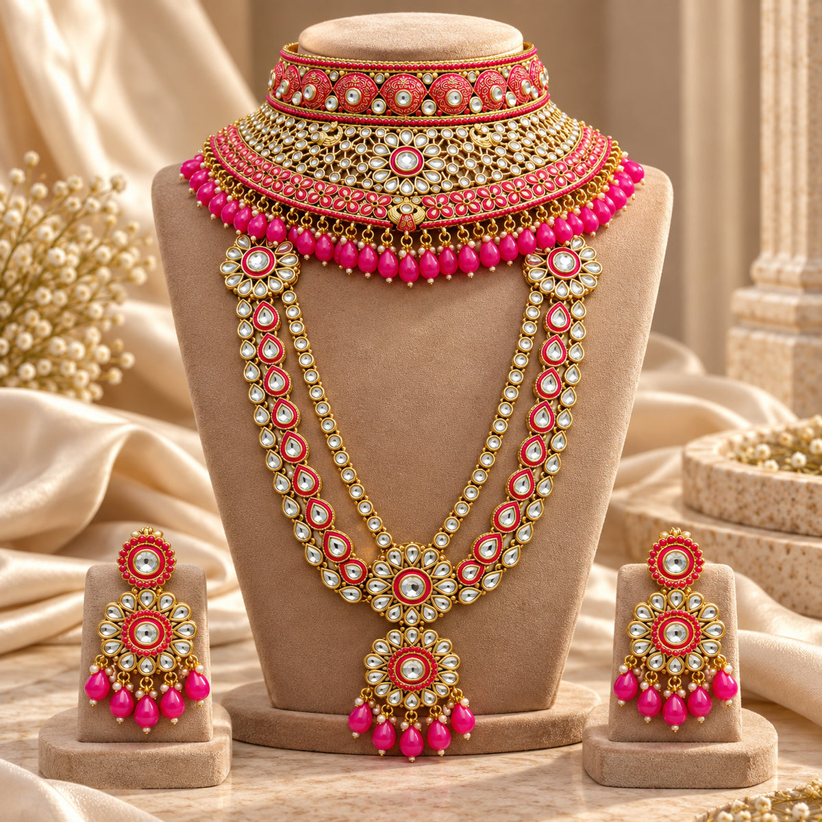 Rani pink bridal necklace set on a bust with matching earrings beside it