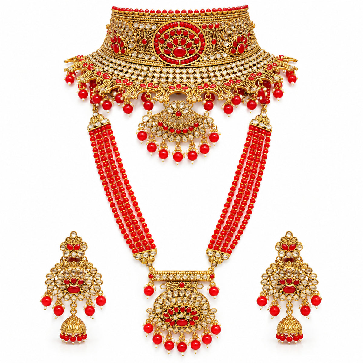 Red circular medallion bridal choker, multi-strand long haar and jhumka earrings on white