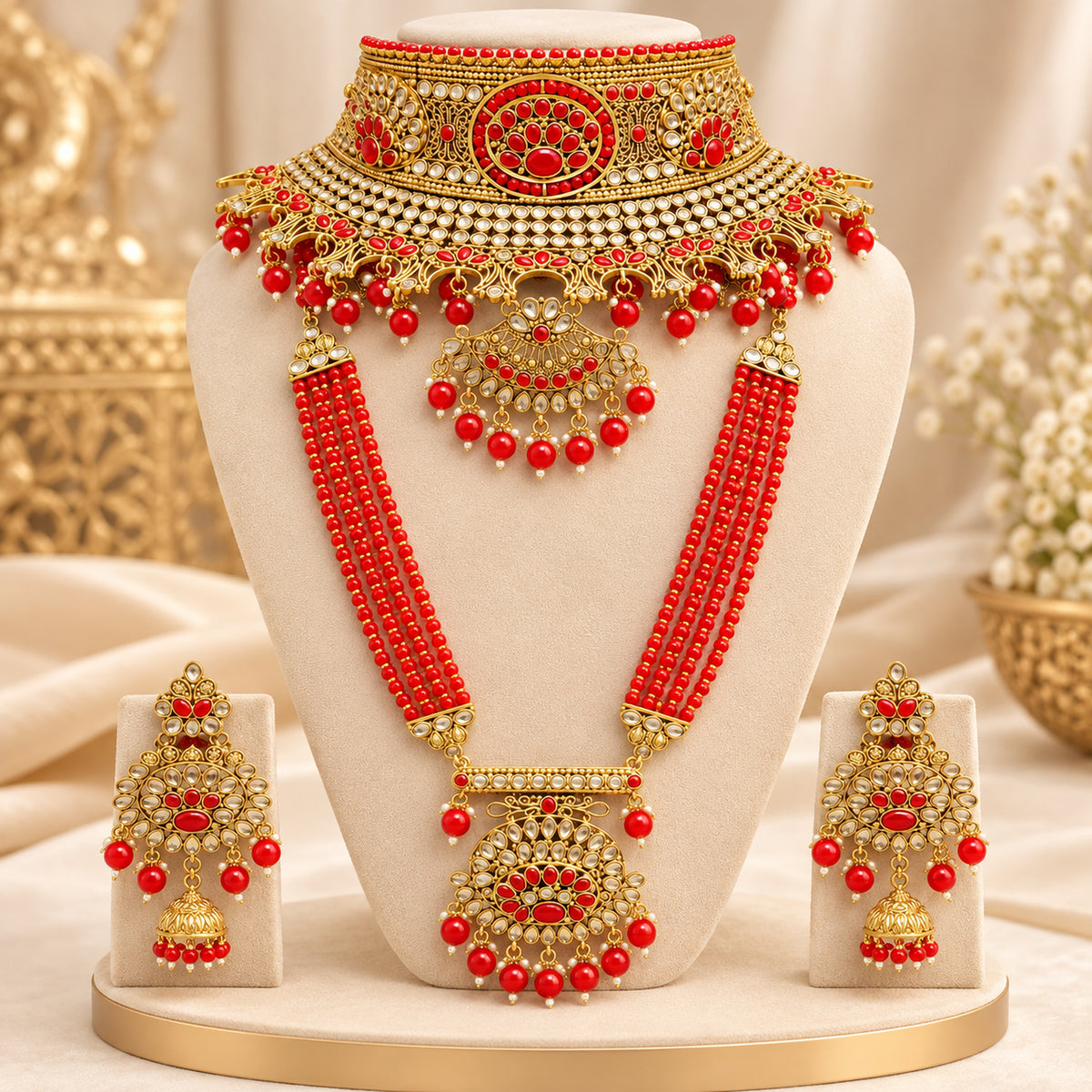 Red medallion choker and beaded long haar displayed on a beige bust with matching earrings