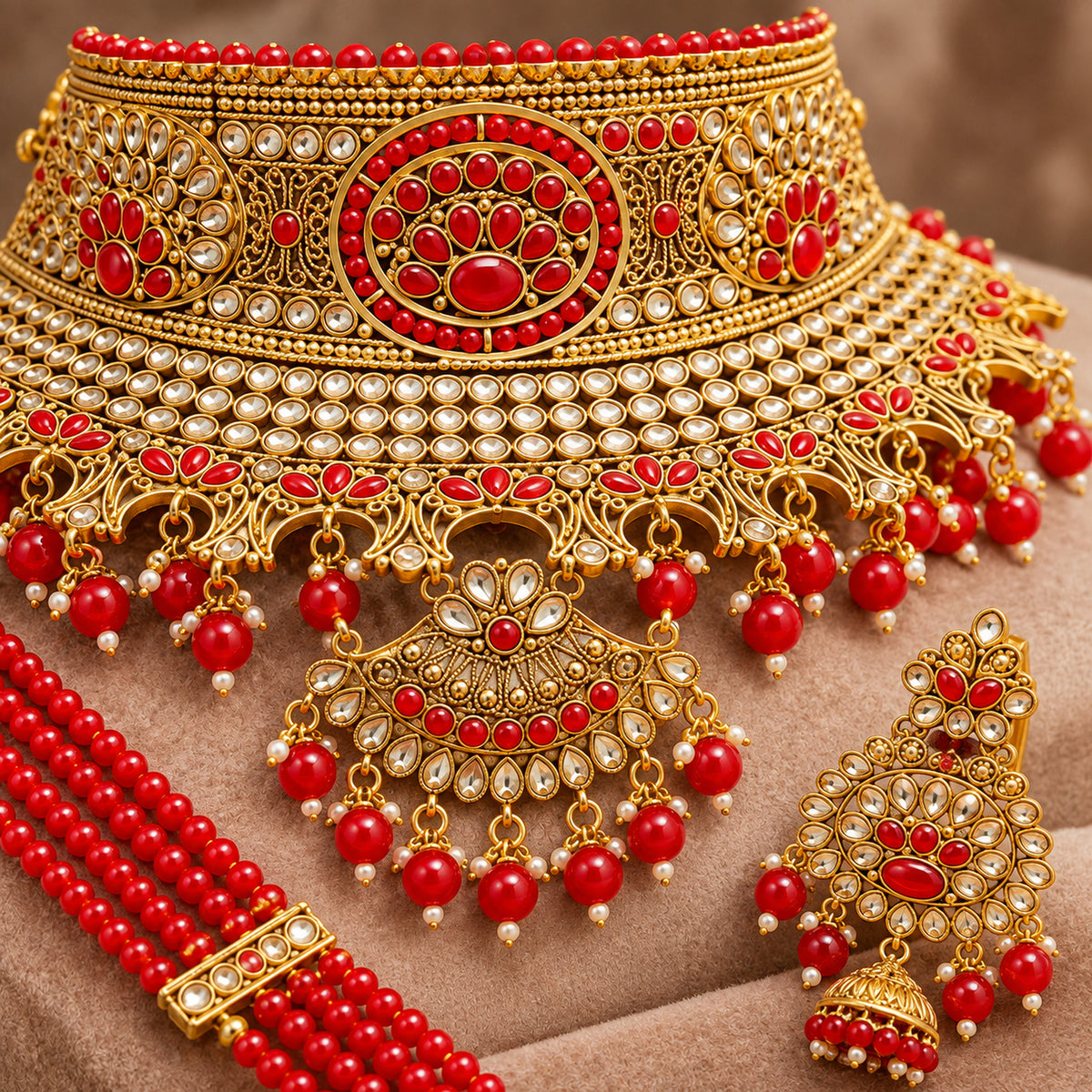Close-up of the red circular medallion, clear stonework and bead fringe on the choker