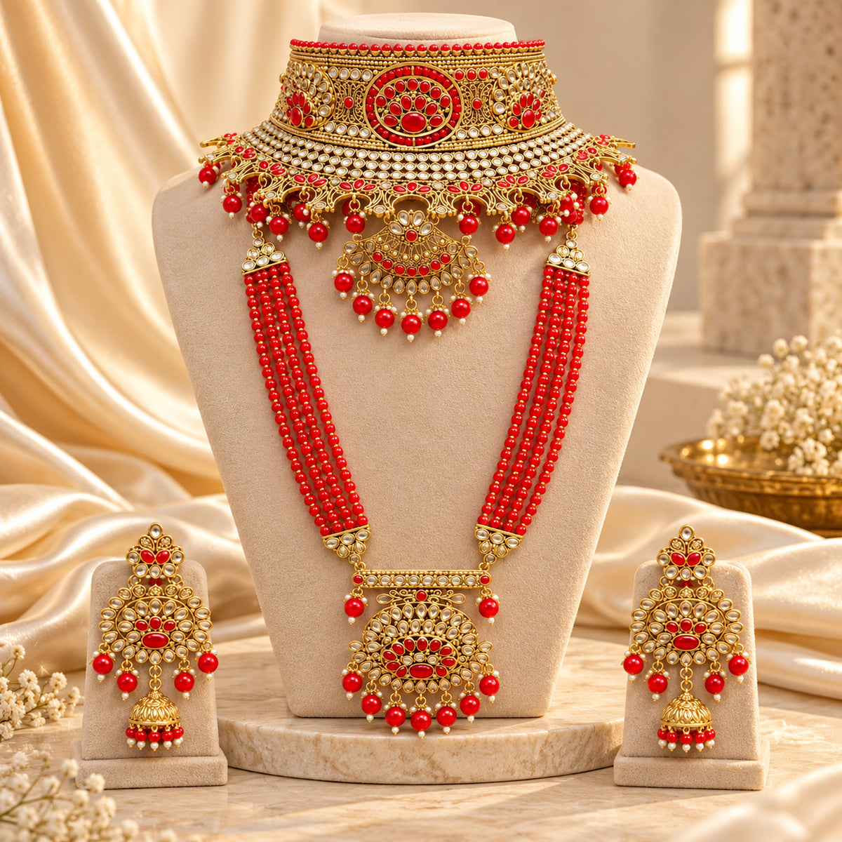 Red circular medallion bridal set on a beige bust beside draped fabric and flowers