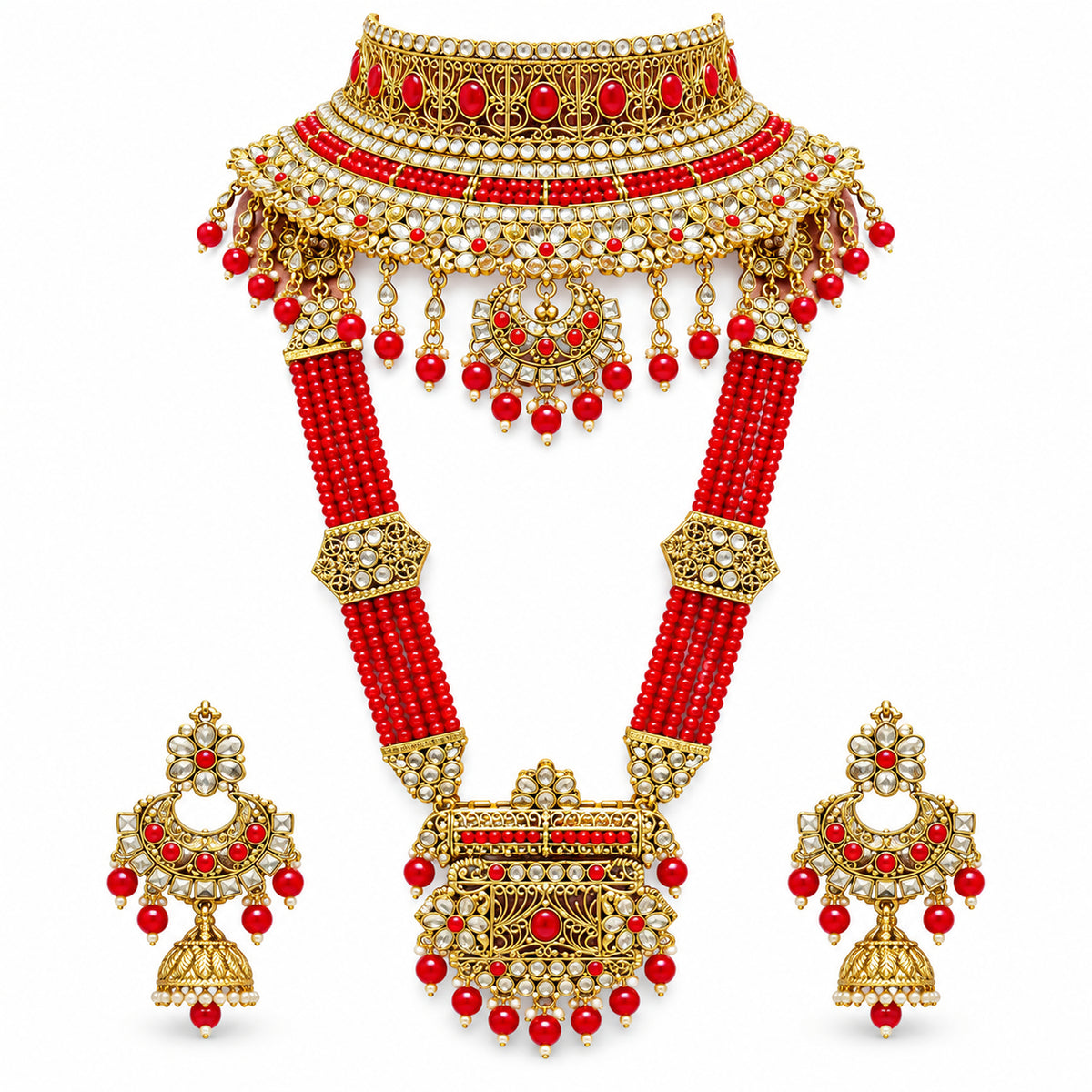 Red Beaded Floral Crescent Kundan-Style Bridal Jewellery Set with Multi-Strand Haar & Jhumkas
