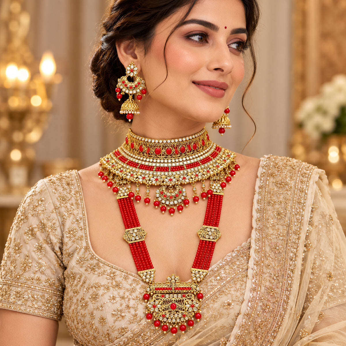 Model wearing the red floral crescent choker, beaded long haar and jhumka earrings
