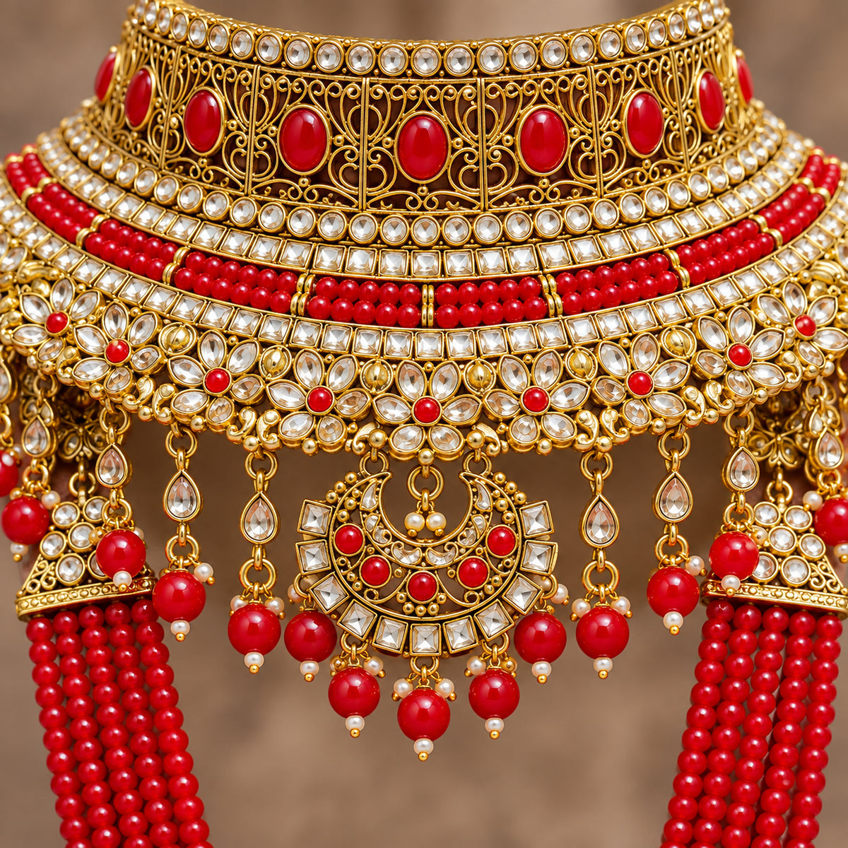 Close-up of red choker accents, clear stones, crescent ornament and hanging bead drops