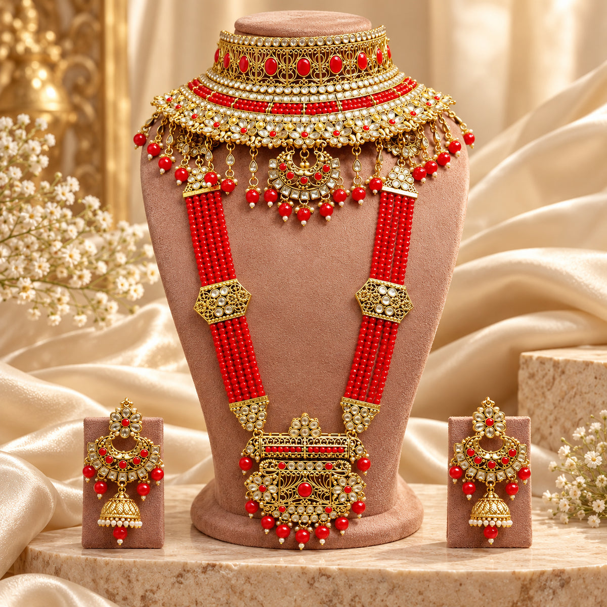Red beaded floral crescent bridal set on a beige bust beside draped fabric and flowers