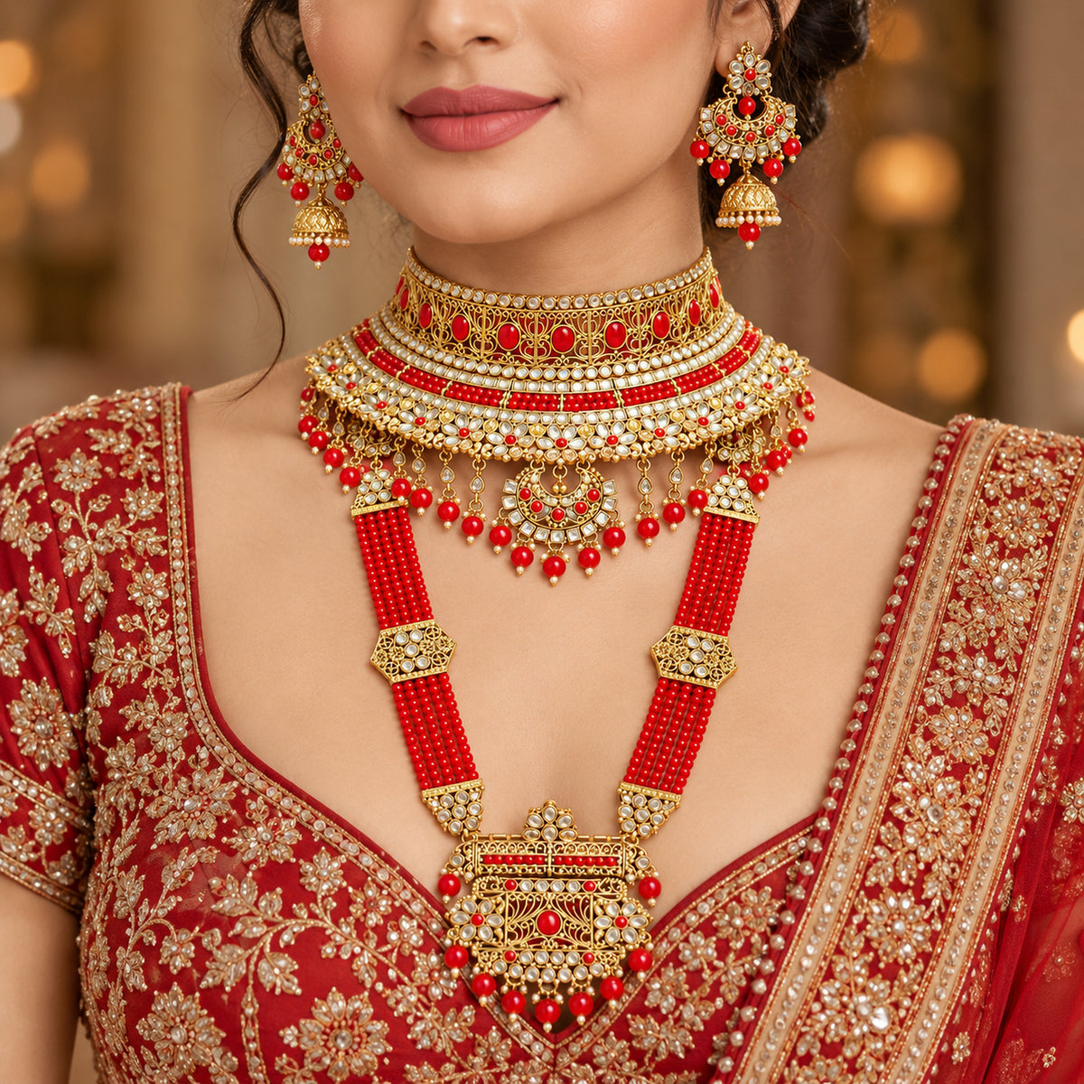 Closer model view of the red floral crescent choker, multi-strand haar and earrings