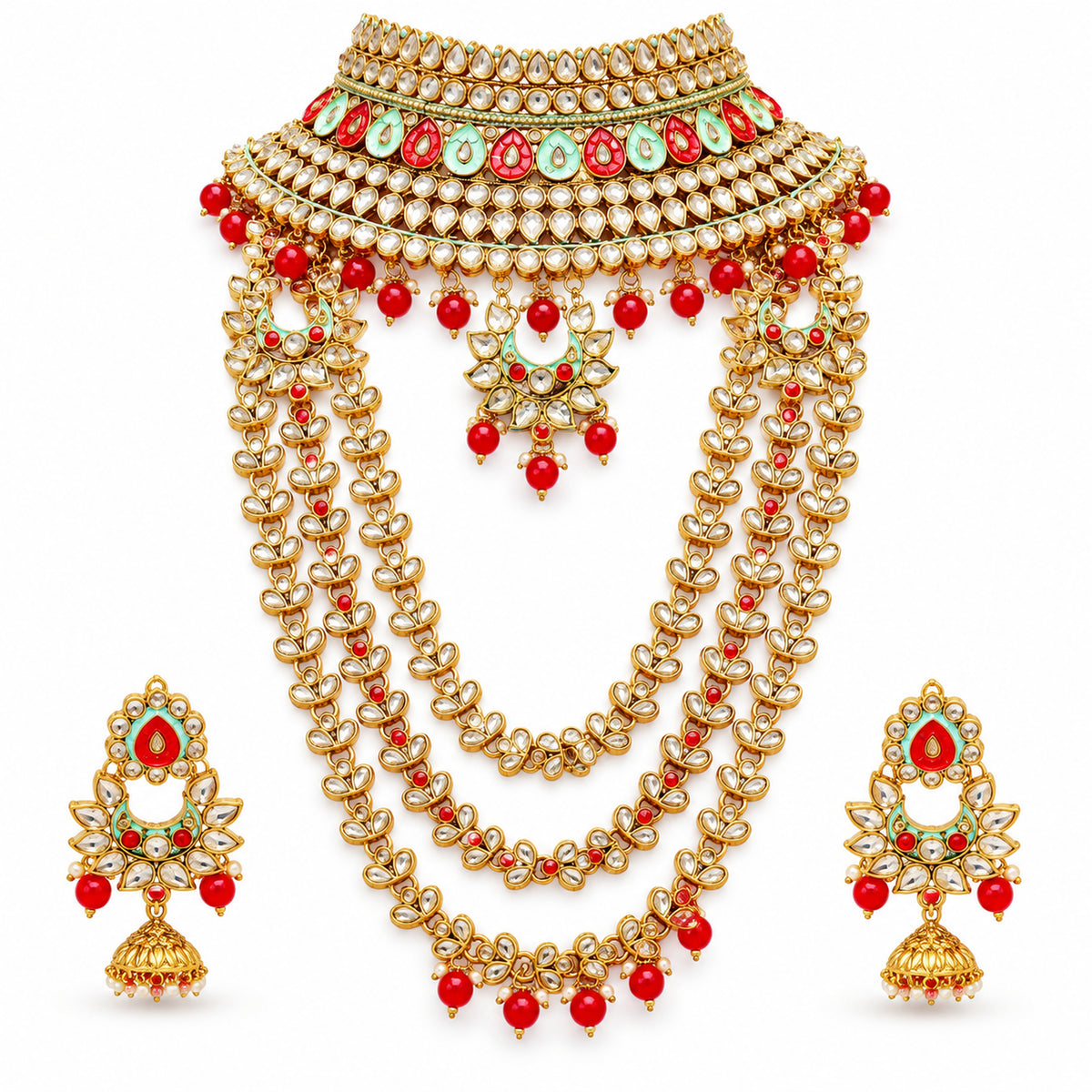Red and mint green teardrop bridal choker, layered haar and jhumka earrings on white