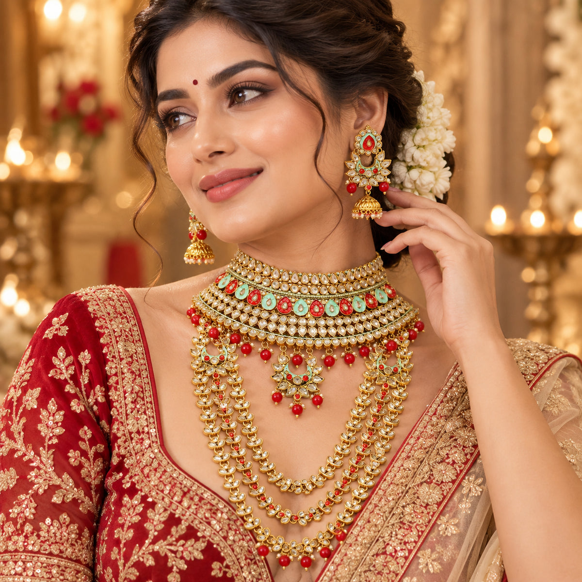 Model wearing the red and mint green choker, layered haar and jhumkas with a red saree
