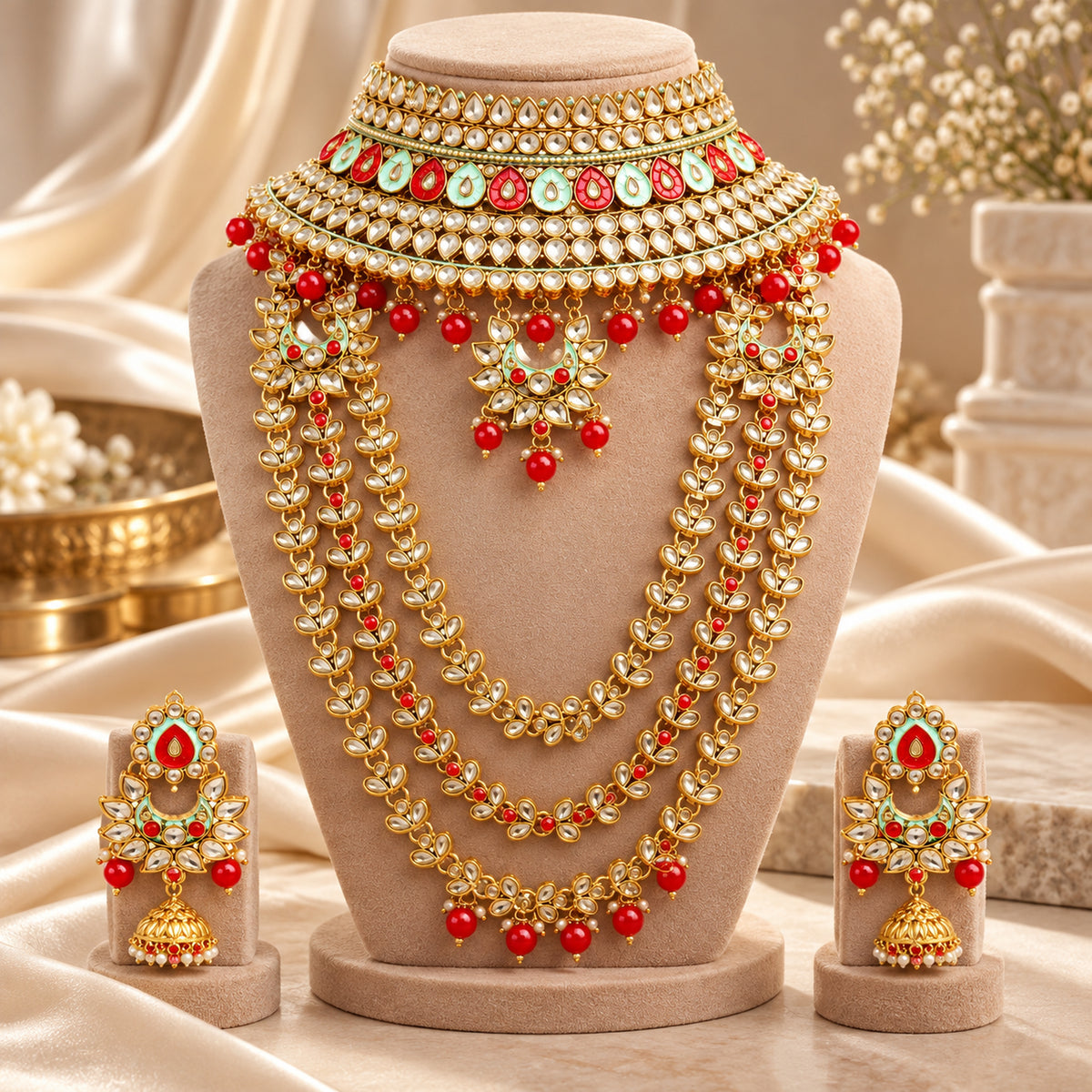 Red and mint green bridal choker and layered haar on a beige bust beside draped fabric