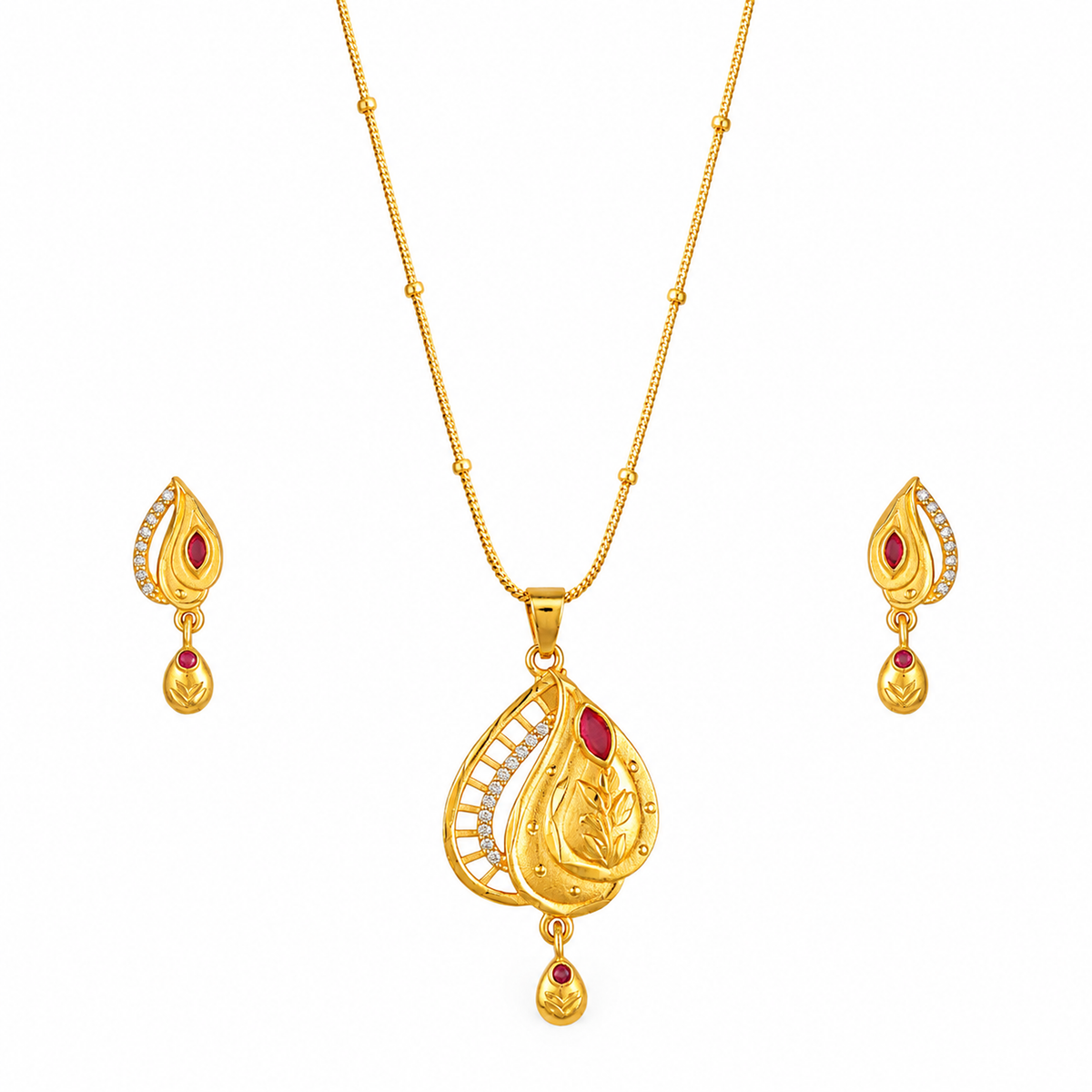 Red stone leaf pendant set with gold-tone chain and matching drop earrings on white