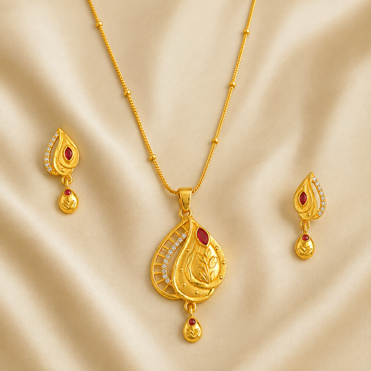 Red leaf pendant necklace and earrings arranged on cream fabric