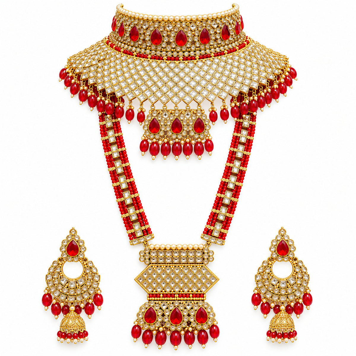 Red Teardrop Lattice Kundan-Style Bridal Jewellery Set with Choker, Long Haar & Jhumkas