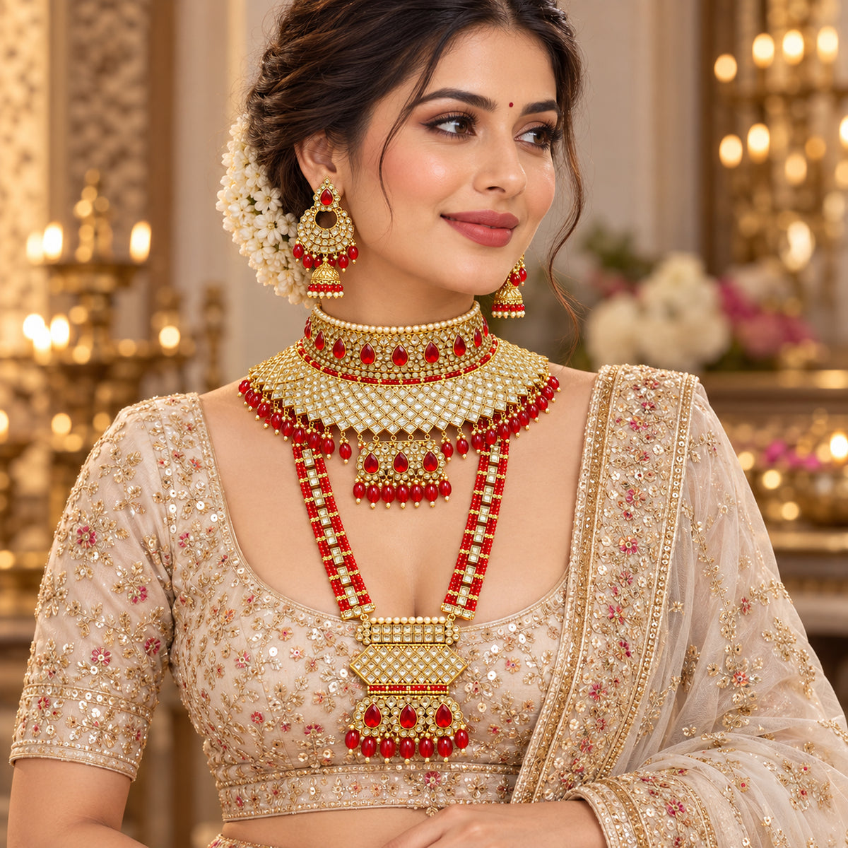 Model wearing the red teardrop choker, geometric-pendant haar and jhumkas with an ivory saree