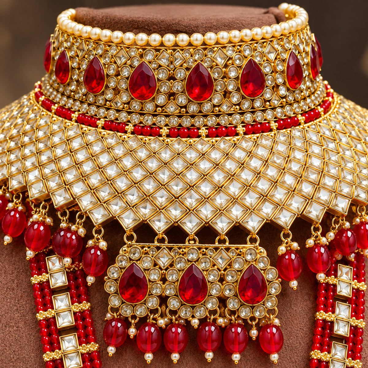 Close-up of red teardrops, clear lattice stonework and red bead fringe on the choker