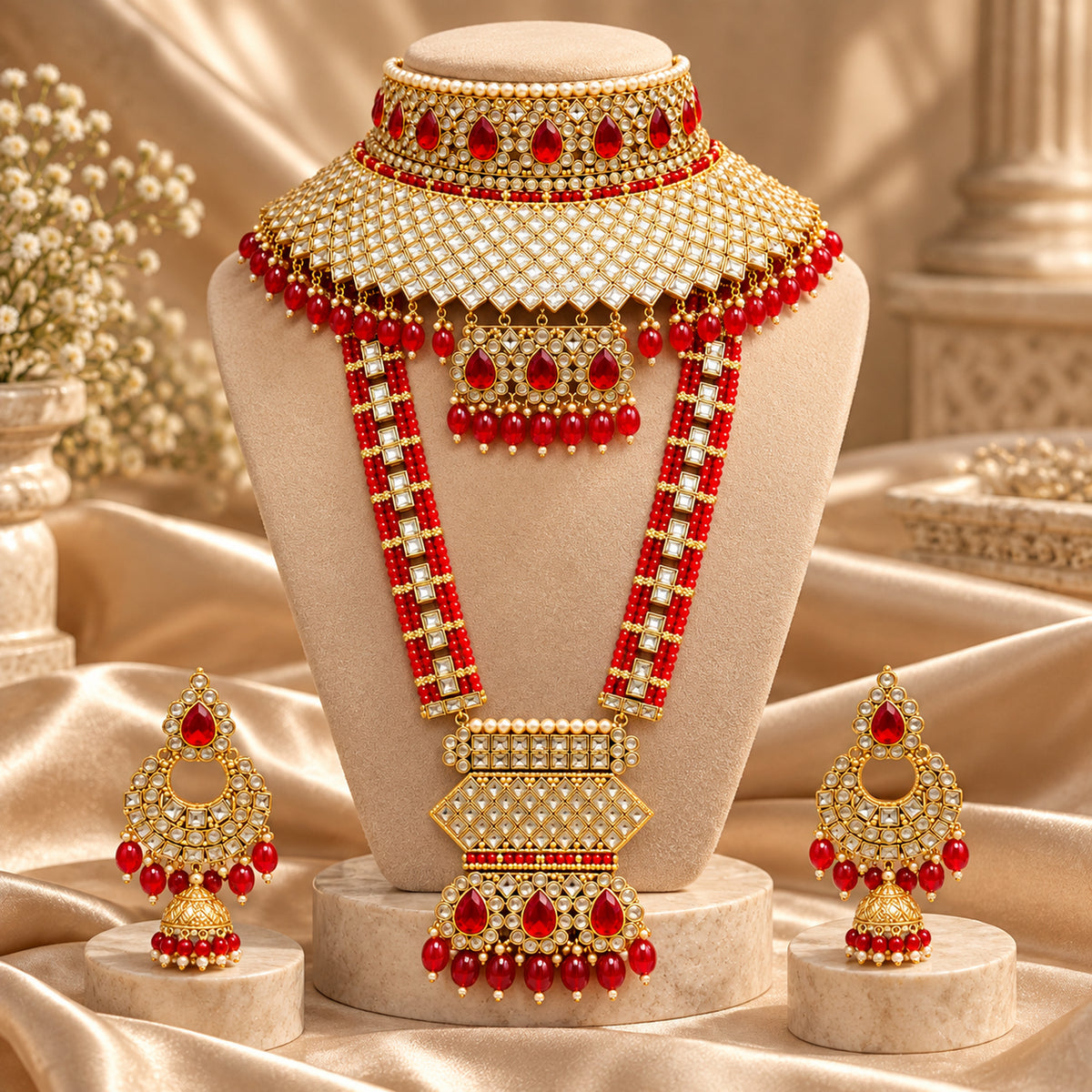 Red teardrop lattice bridal jewellery set on a beige bust beside fabric and flowers