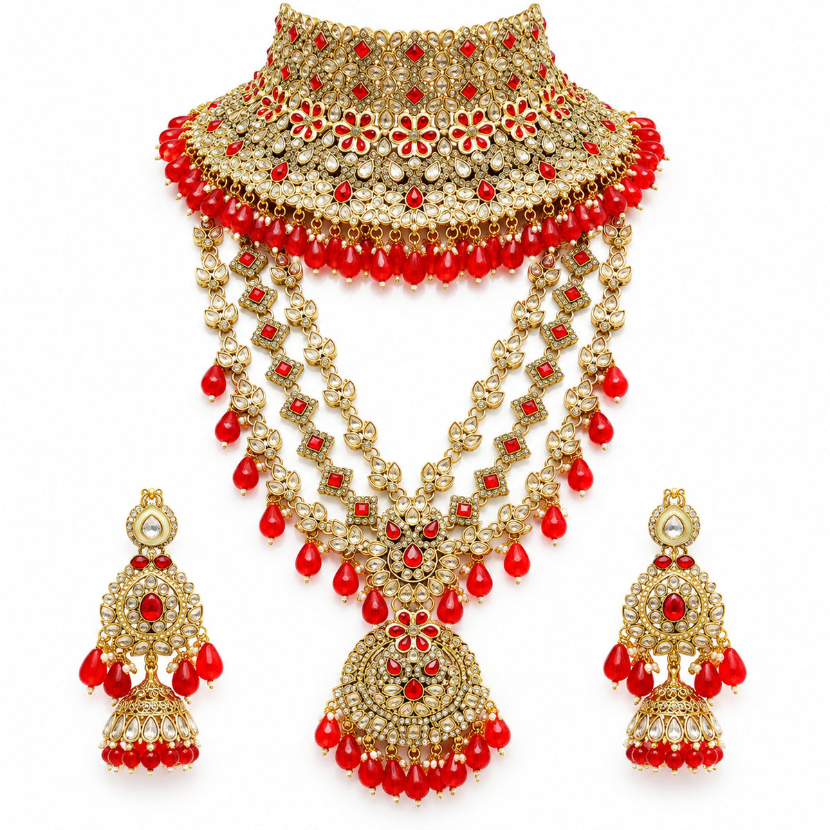 Red floral Kundan-style bridal choker, layered long haar and jhumka earrings on a white background