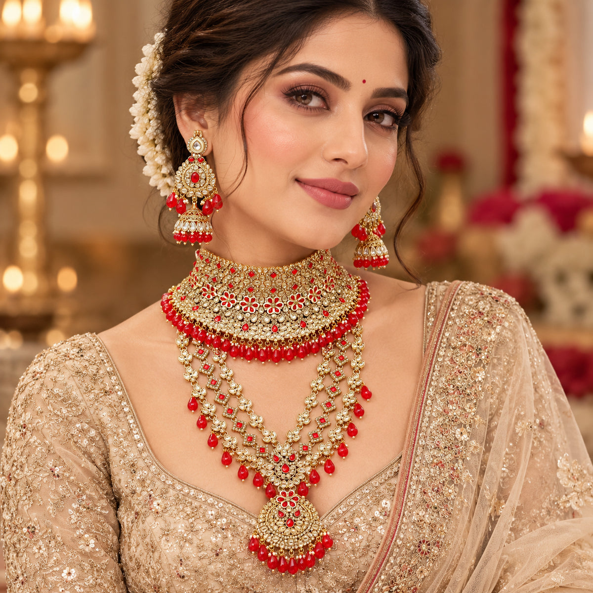 Model wearing the red floral choker, layered haar and jhumka earrings with a beige saree