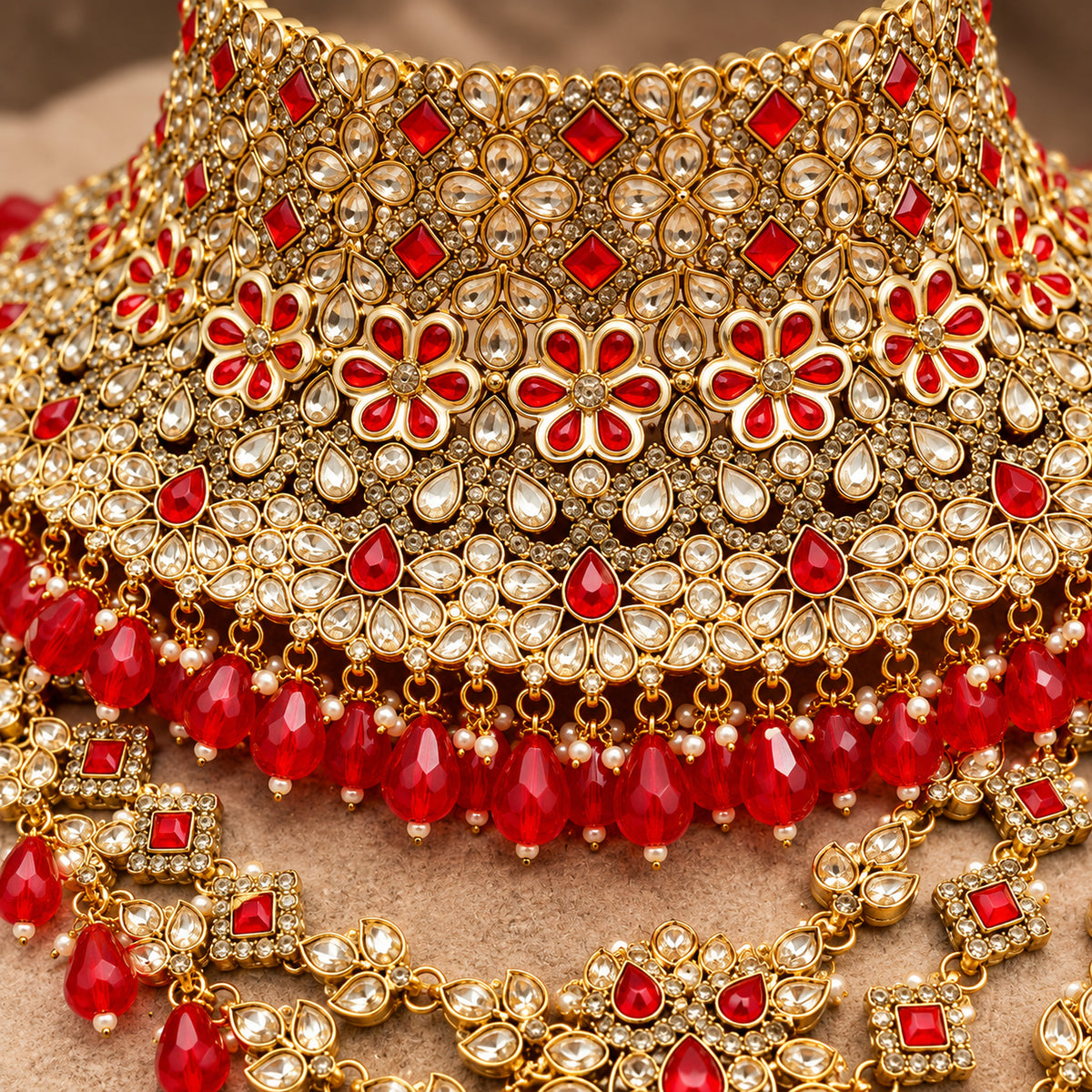 Close-up of red floral motifs, clear stonework and red teardrop bead drops