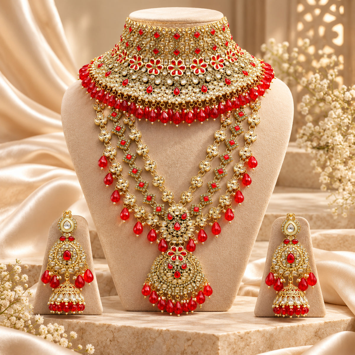 Red floral bridal jewellery set on a beige bust beside draped fabric and flowers
