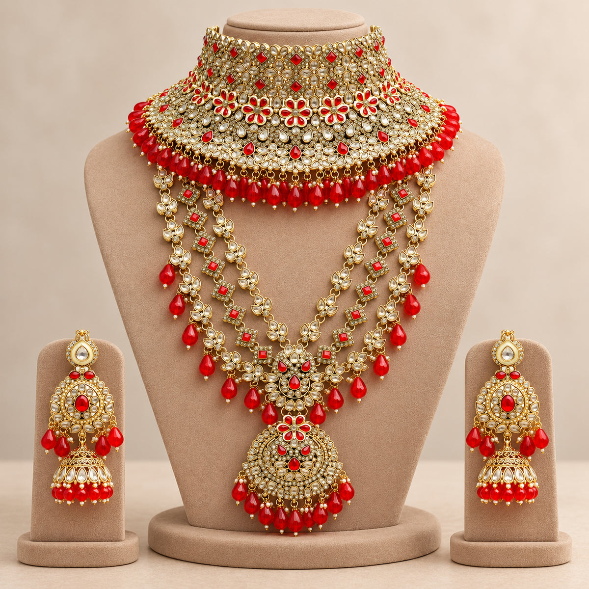 Alternate bust view of the red floral choker, layered long haar and jhumka earrings