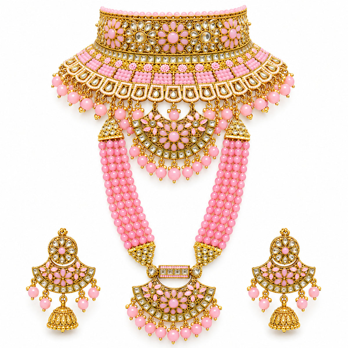 Rose pink Kundan-style bridal jewellery set with choker, multi-strand haar and jhumkas on white