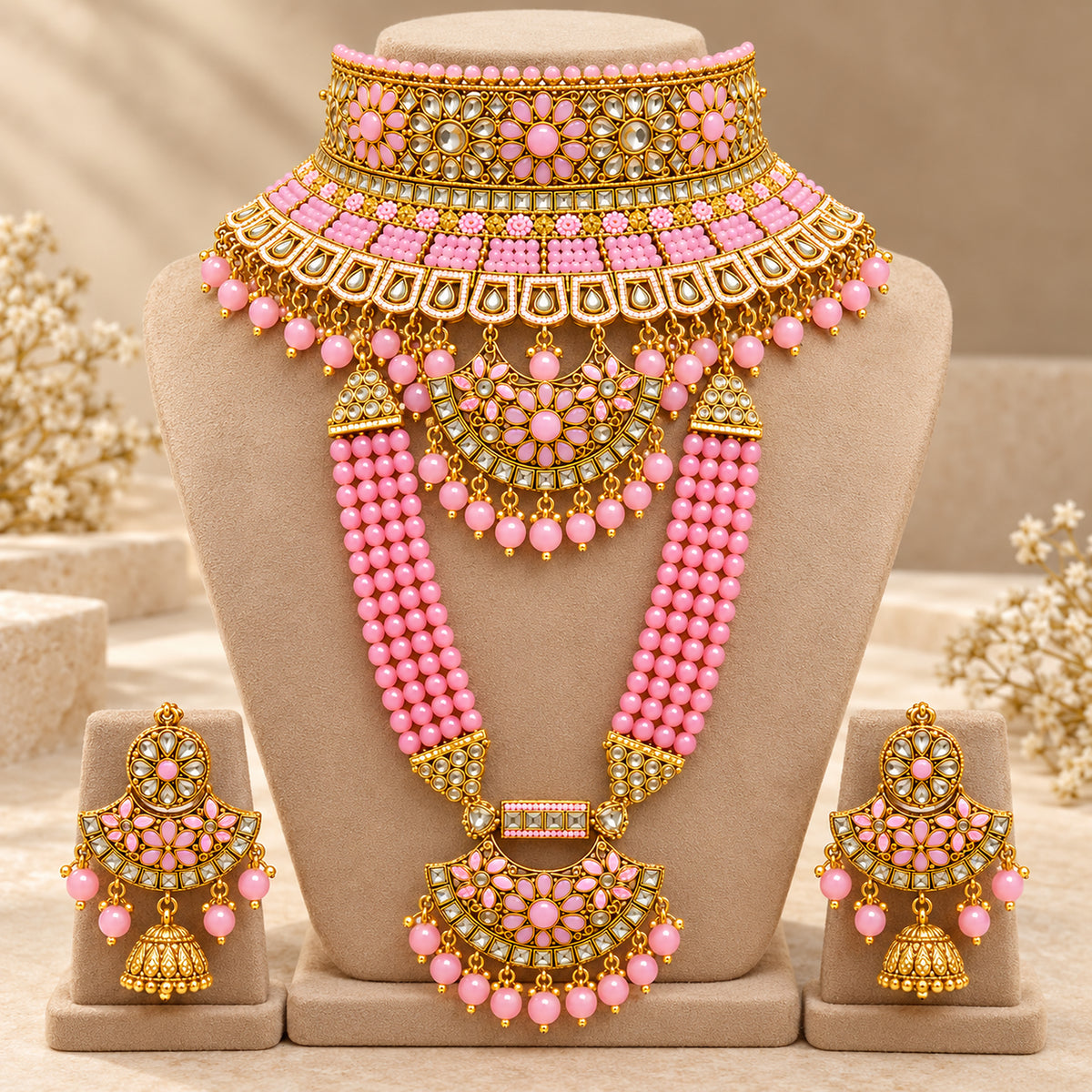 Rose pink floral choker and long beaded haar on a beige bust with matching jhumkas