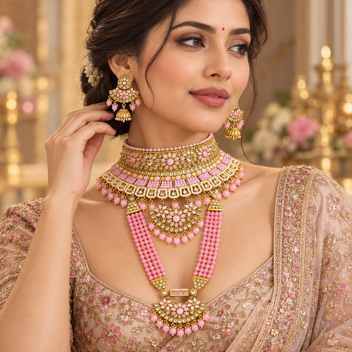 Model wearing the rose pink floral choker, multi-strand haar and jhumka earrings